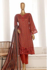 Bin Saeed Stitched 3 Piece Exclusive Lawn Frock Vol-01 Collection-SM-1464-Rust